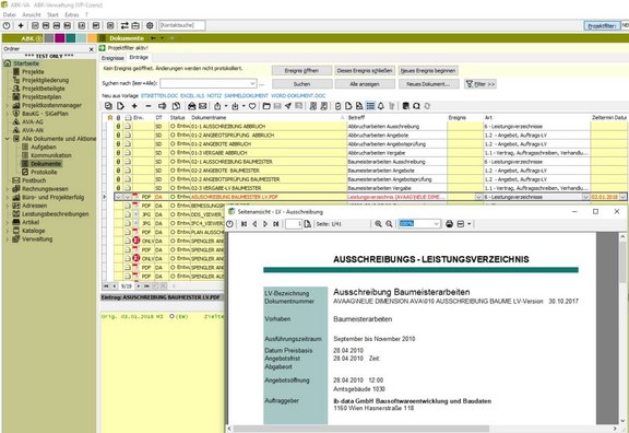 Dokumentenmanagement in ABK Screenshot der ABK-Software, der das Dokumentenmanagement in ABK zeigt