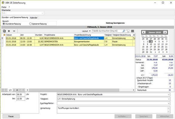 Zeiterfassung in ABK Screenshot der ABK-Software, der die Zeiterfassung in ABK zeigt
