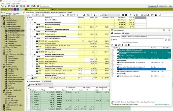 Kostenplanung mit Elementen in ABK Screenshot der ABK-Software, der die Kostenplanung mit Elementen in ABK zeigt